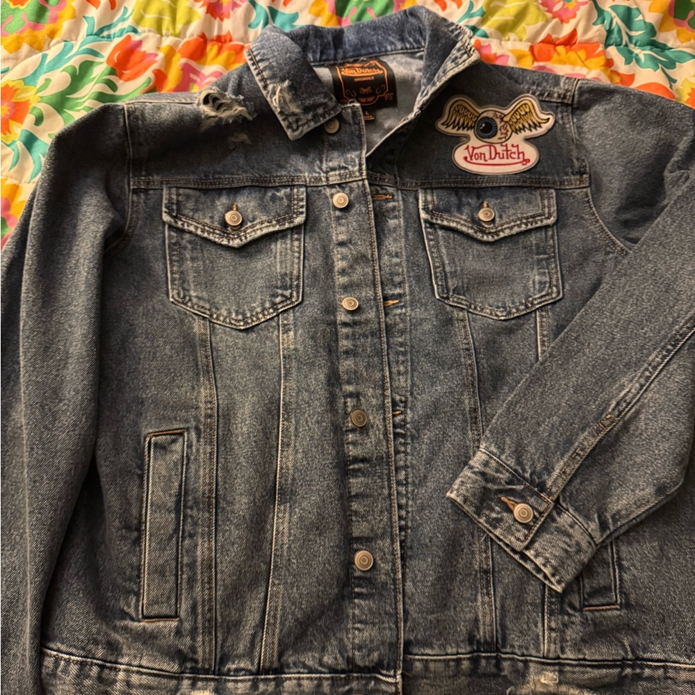 Von Dutch Men's Denim Jacket in Washed medium blue with Yellow Logo size L - Picture 3 of 4